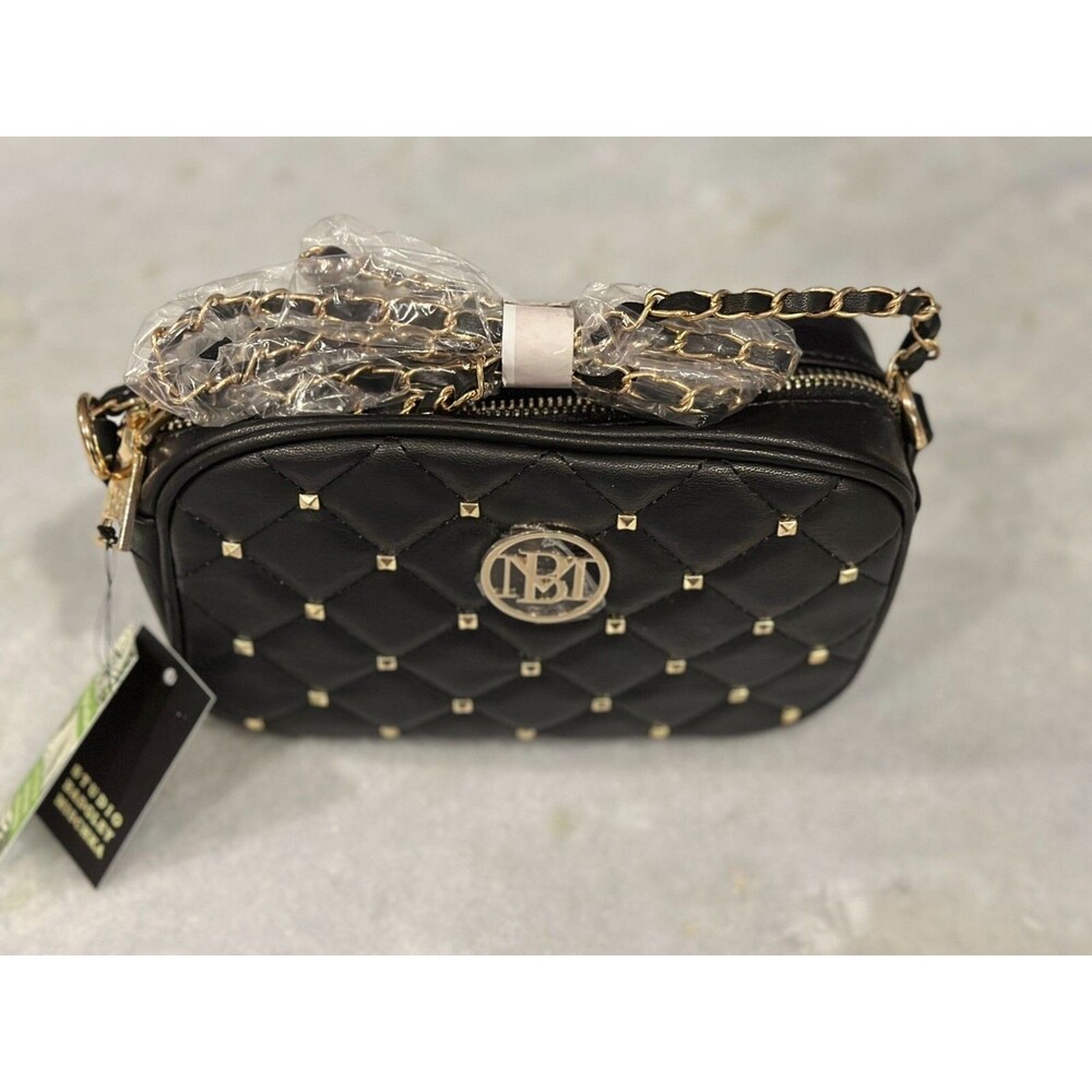 Badgley Mischka Quilted Vegan Leather Camera Bag w/Studs & Gold Chain Strap NWT